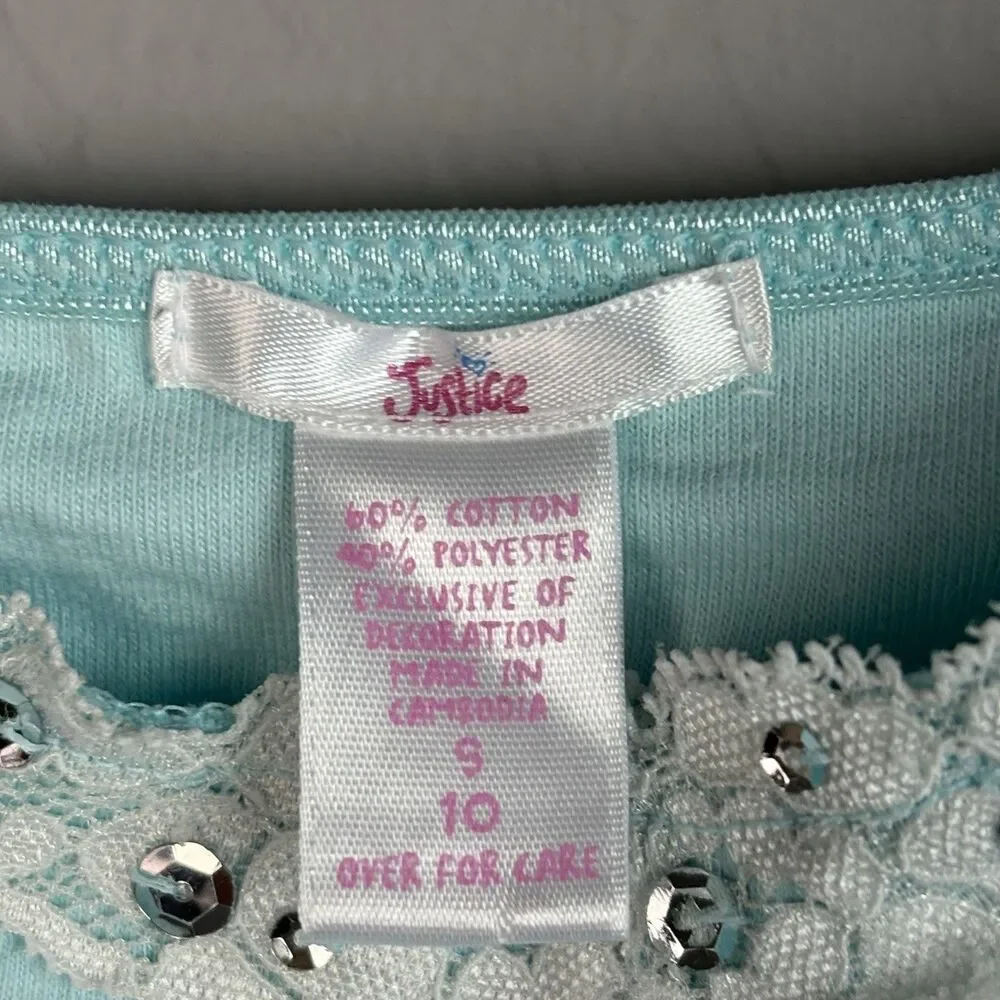 Vintage Y2K Justice Cami Top Girls S 10 Light Blue Krinkle Knit Lace Sequins 90s